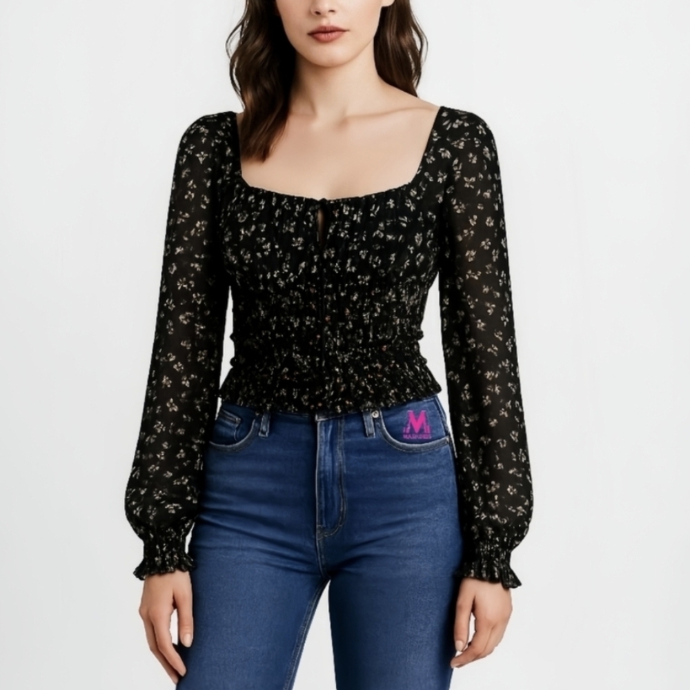 Free People Black Floral Long Sleeve Blouse